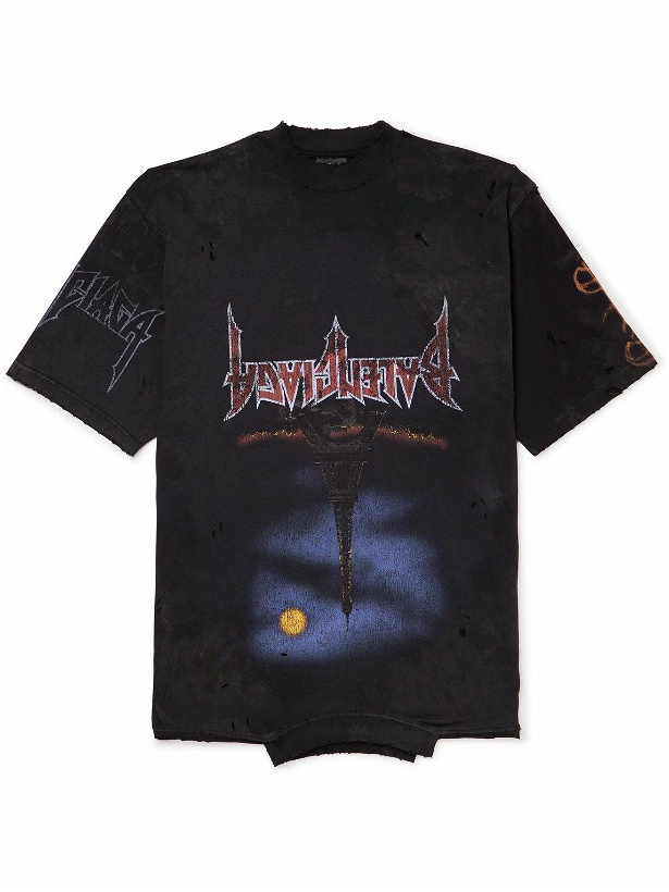 Photo: Balenciaga - Upside Down Distressed Printed Cotton-Jersey T-Shirt - Black