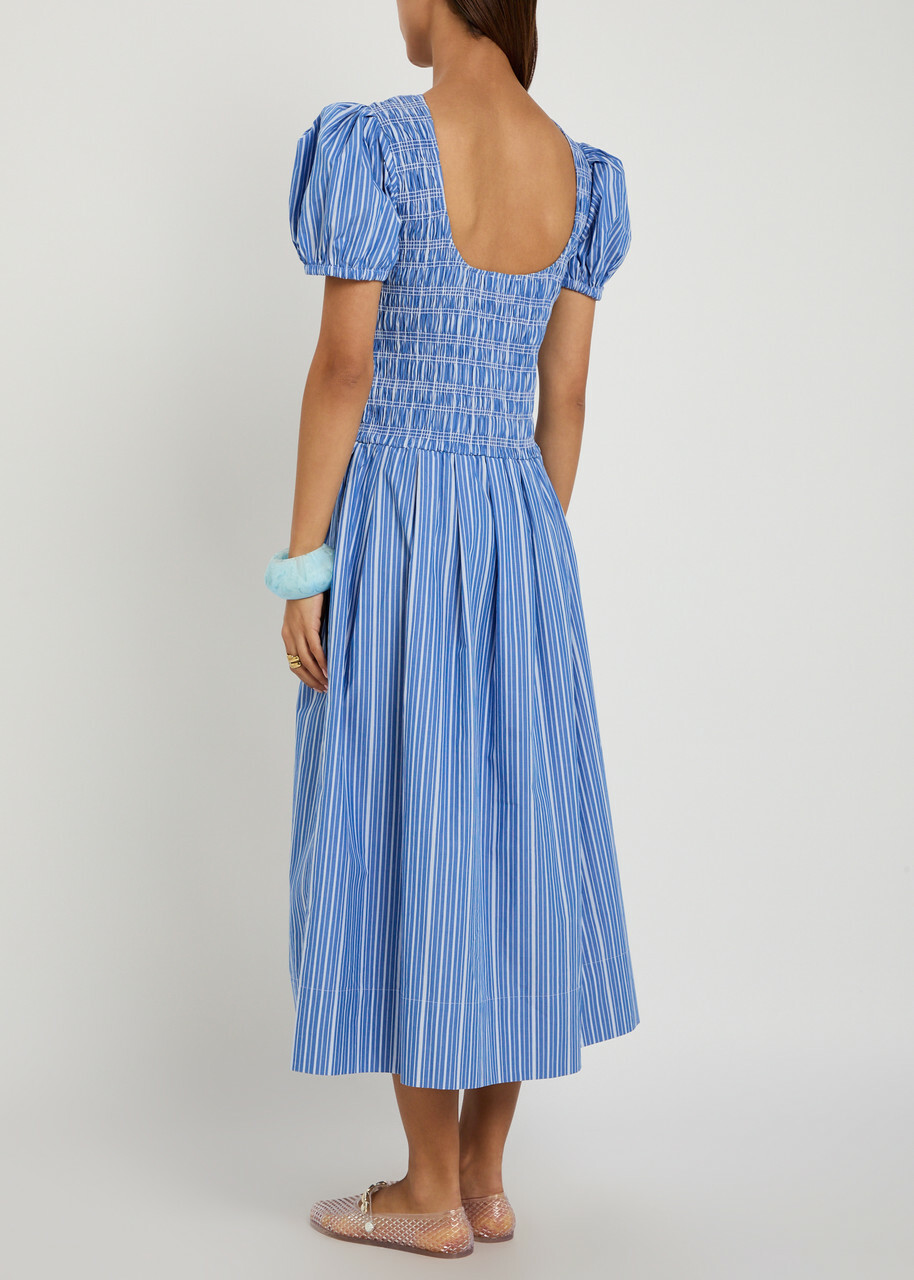 Ganni Striped Shirred Cotton Midi Dress Navy