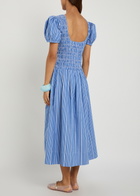 Ganni Striped Shirred Cotton Midi Dress Navy