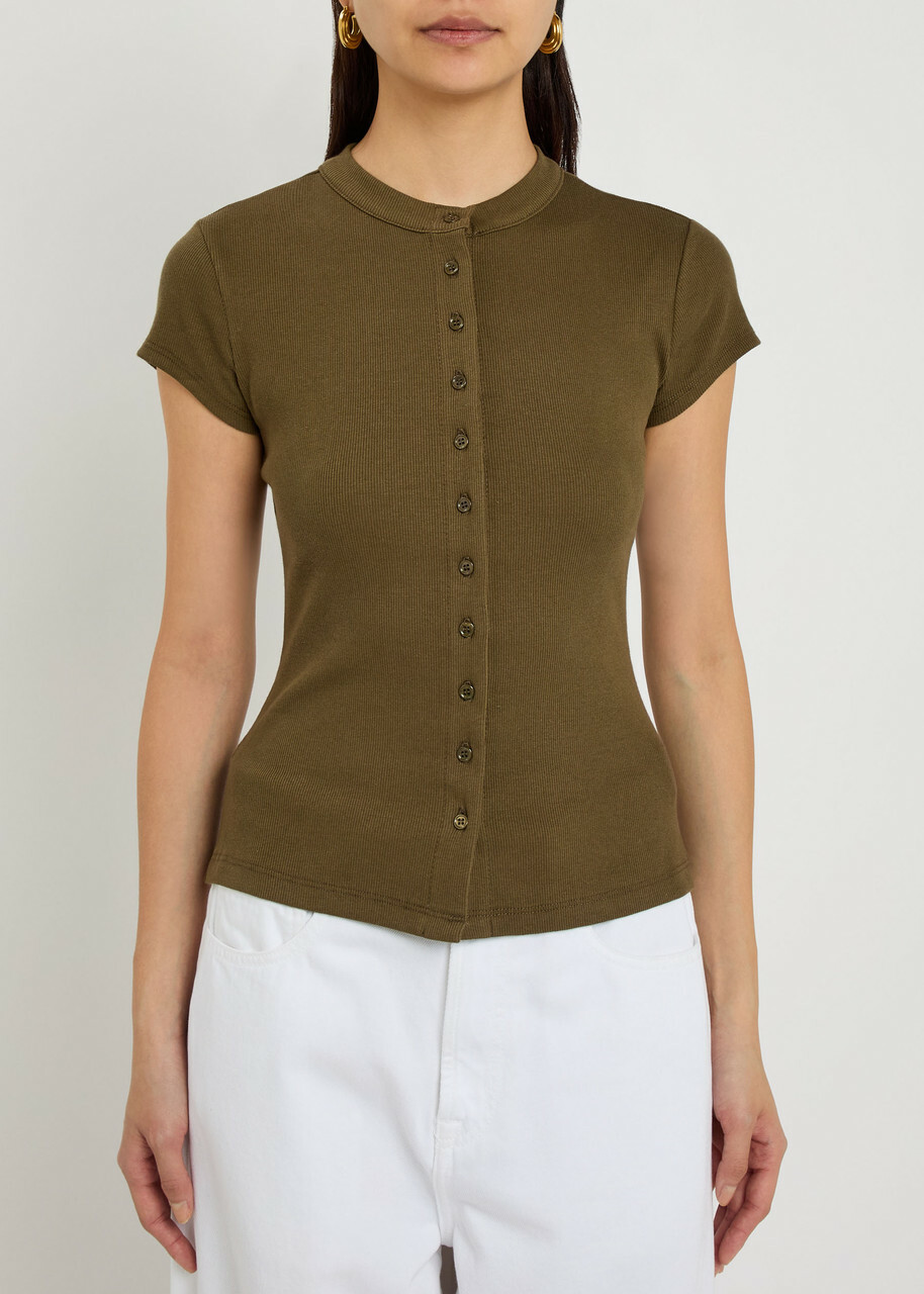 Reformation Raelynn Ribbed Stretch-cotton T-shirt Dark Green