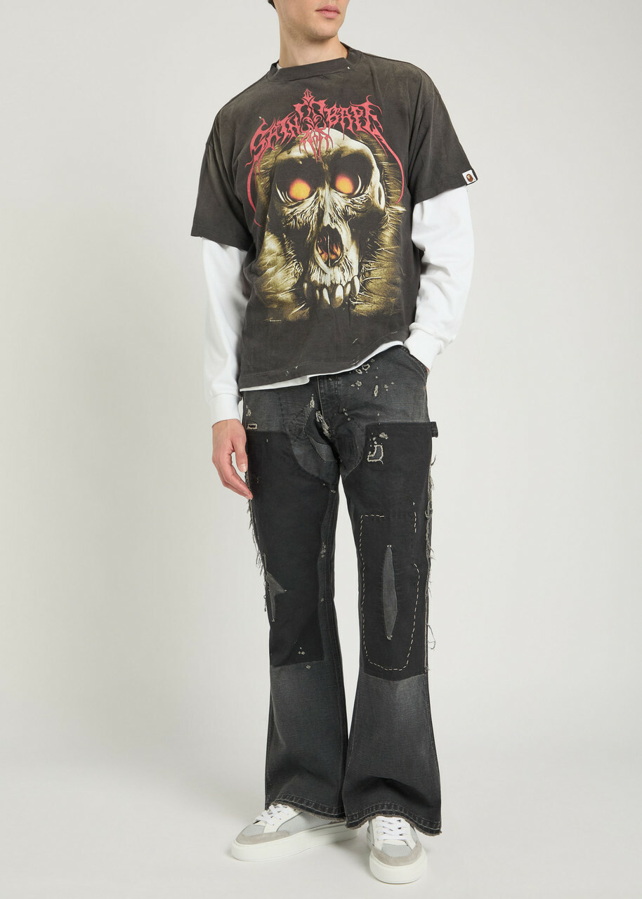 Saint Mxxxxxx X A Bathing Ape Skull Printed Cotton T-shirt Black