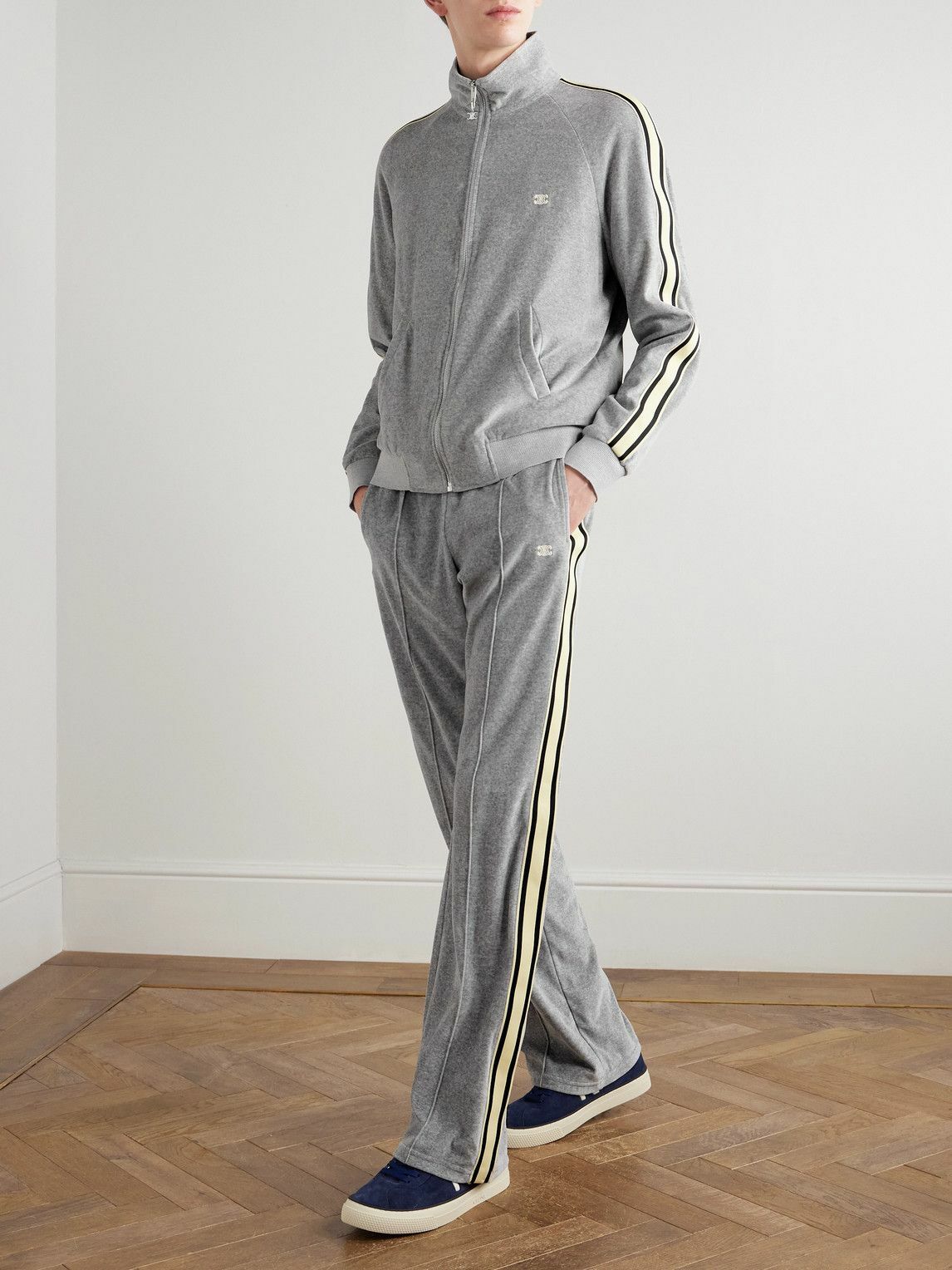 CELINE - Straight-Leg Webbing-Trimmed Logo-Embroidered Cotton-Blend Velour Track Pants - Gray