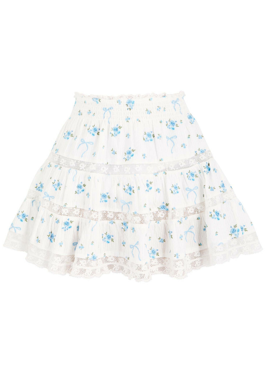Loveshackfancy Viro Ribbed Floral and Bow-embroidered Cotton Mini Skirt Blue And White