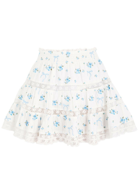 Photo: Loveshackfancy Viro Ribbed Floral and Bow-embroidered Cotton Mini Skirt Blue And White