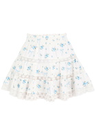 Loveshackfancy Viro Ribbed Floral and Bow-embroidered Cotton Mini Skirt Blue And White