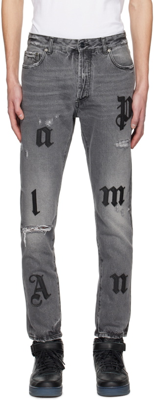 Photo: Palm Angels Gray Logo Patch Classic Jeans