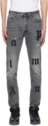 Palm Angels Gray Logo Patch Classic Jeans