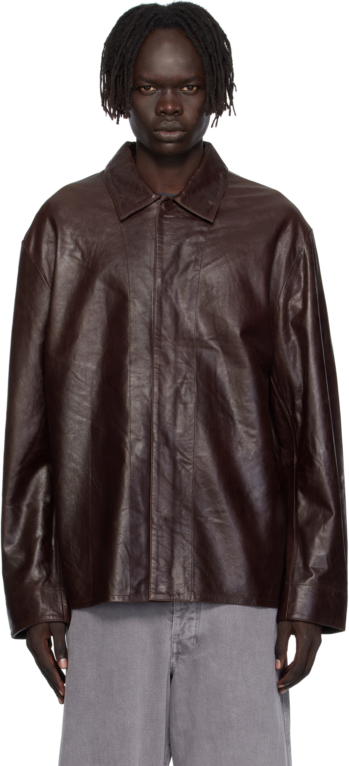 HOPE Brown Relaxed Leather Overshirt