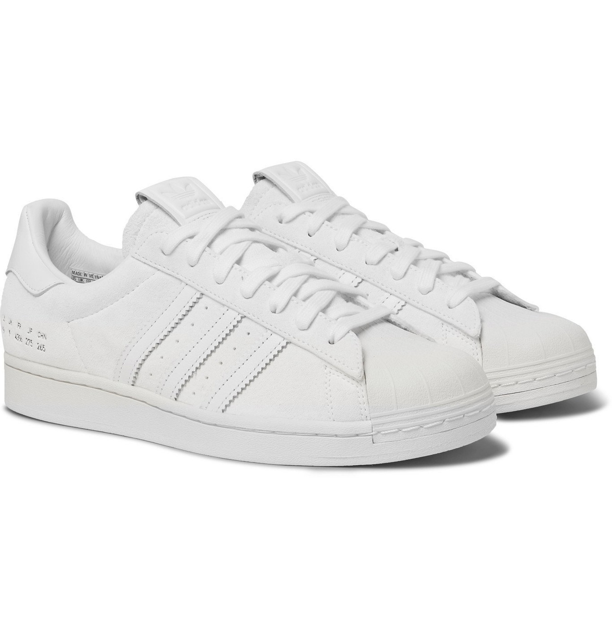 Adiccion Europa Saga ADIDAS ORIGINALS - Premium Basics Superstar Leather-Trimmed Suede Sneakers  - White adidas Originals