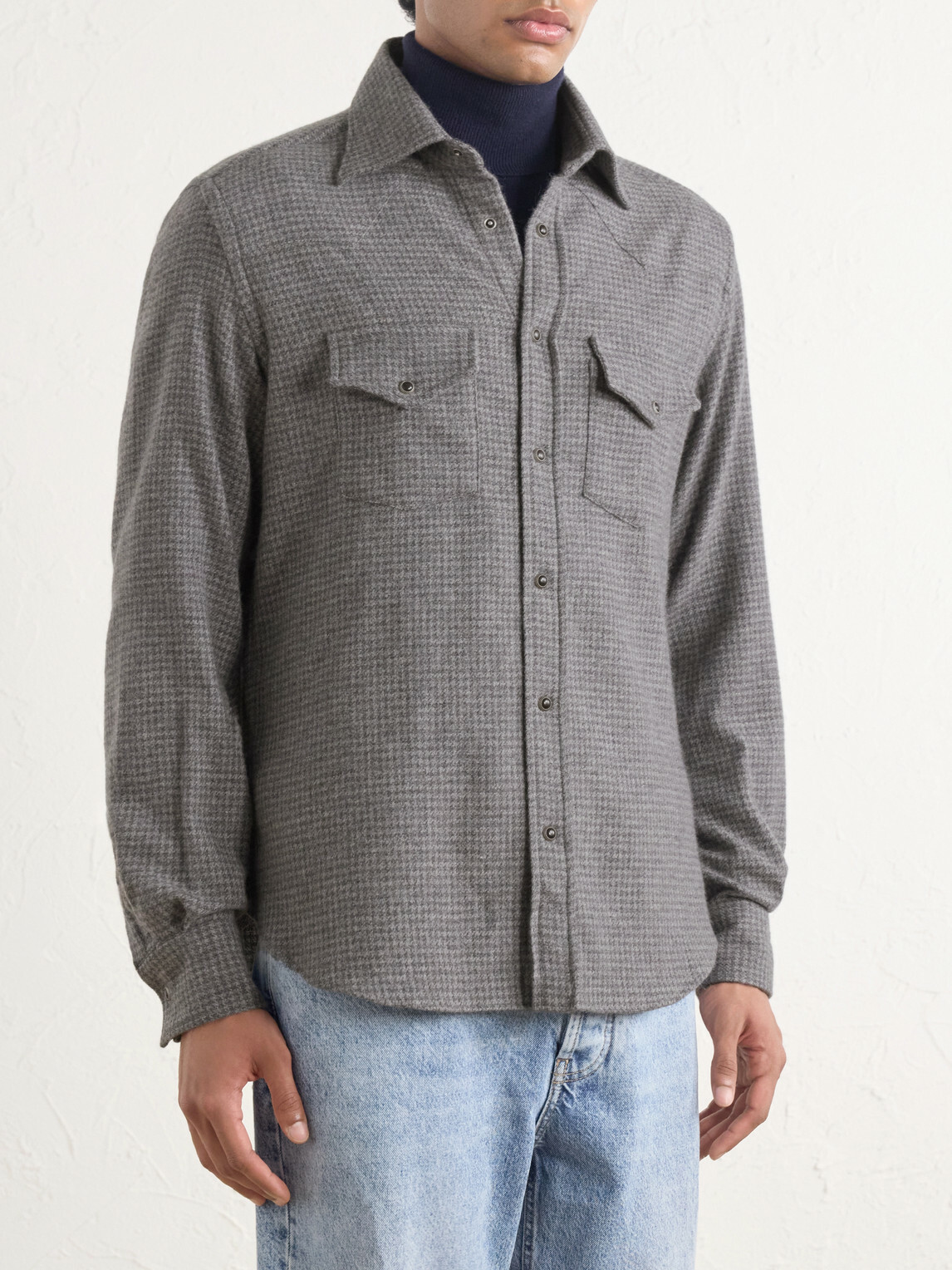 Eleventy - Texas Houndstooth Wool and Cashmere-Blend Shirt - Gray