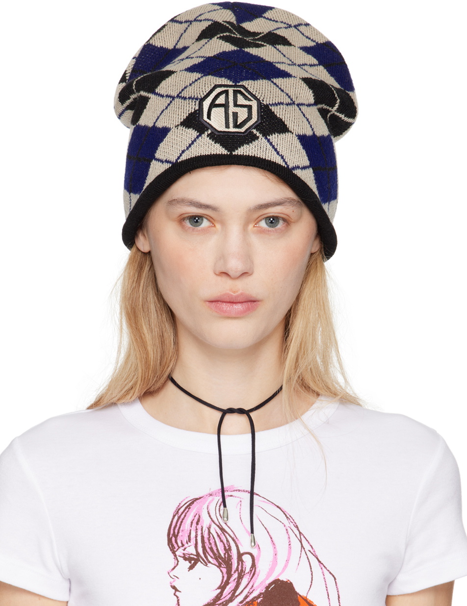 Anna Sui Blue & Beige Argyle Patch Beanie