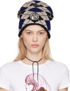 Anna Sui Blue & Beige Argyle Patch Beanie