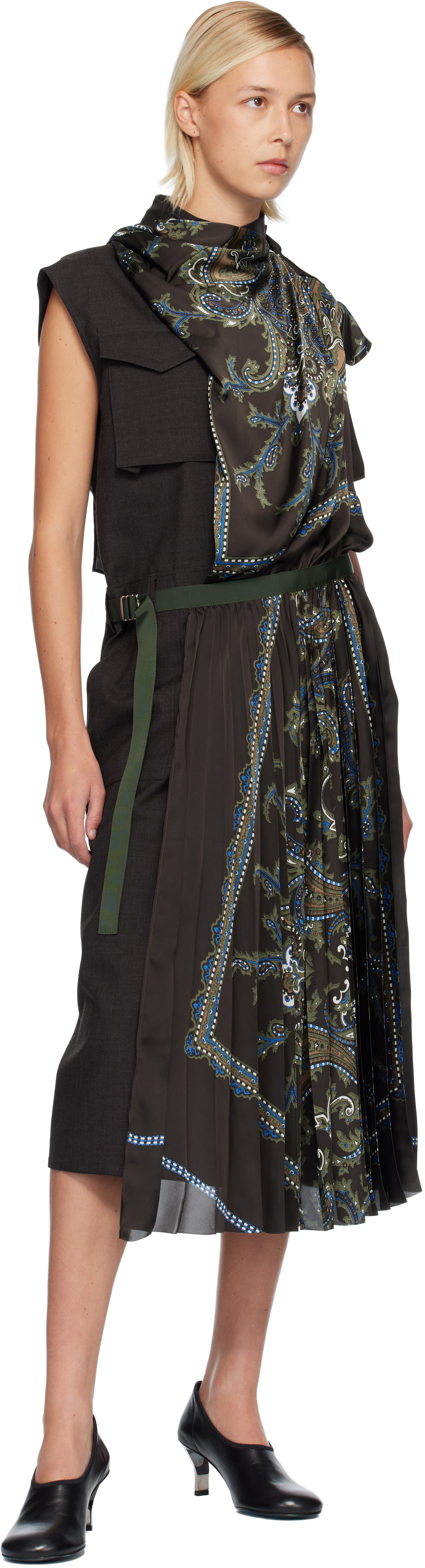 sacai Brown Suiting & Paisley Print Midi Dress