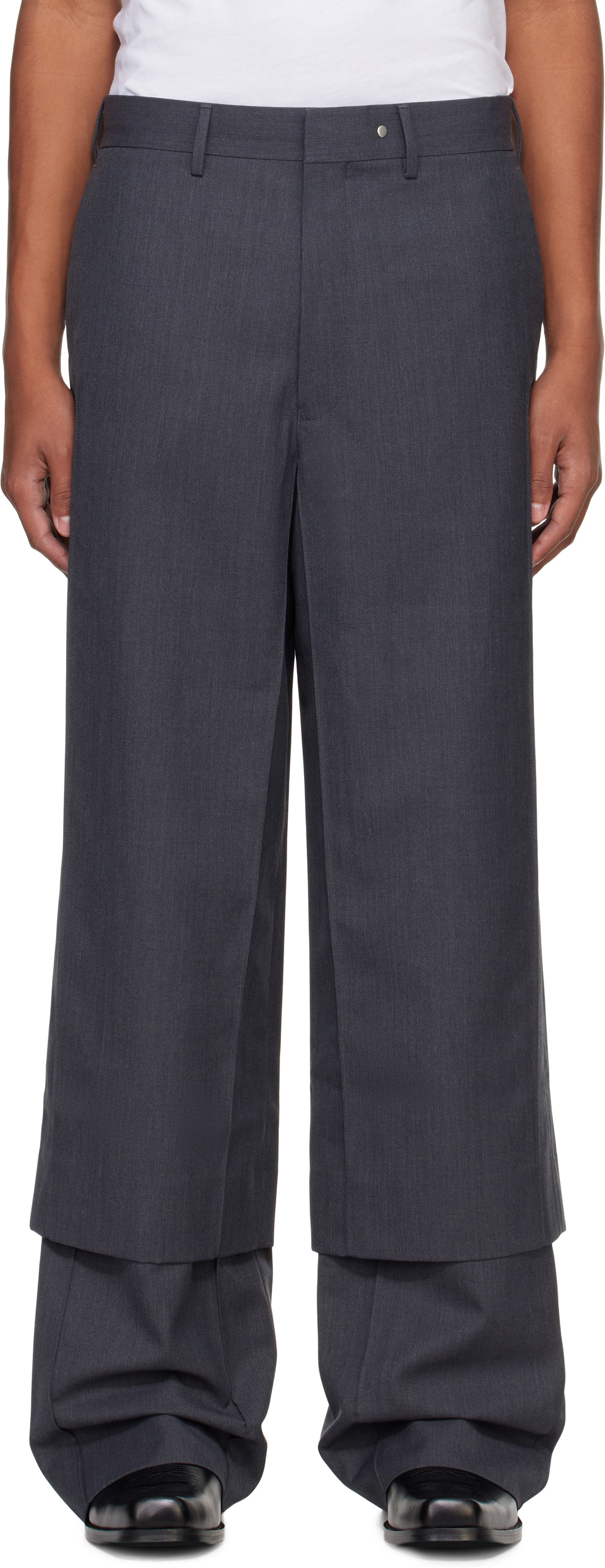 Karmuel Young Gray Double Layered Cuboid Wool Wide Trousers