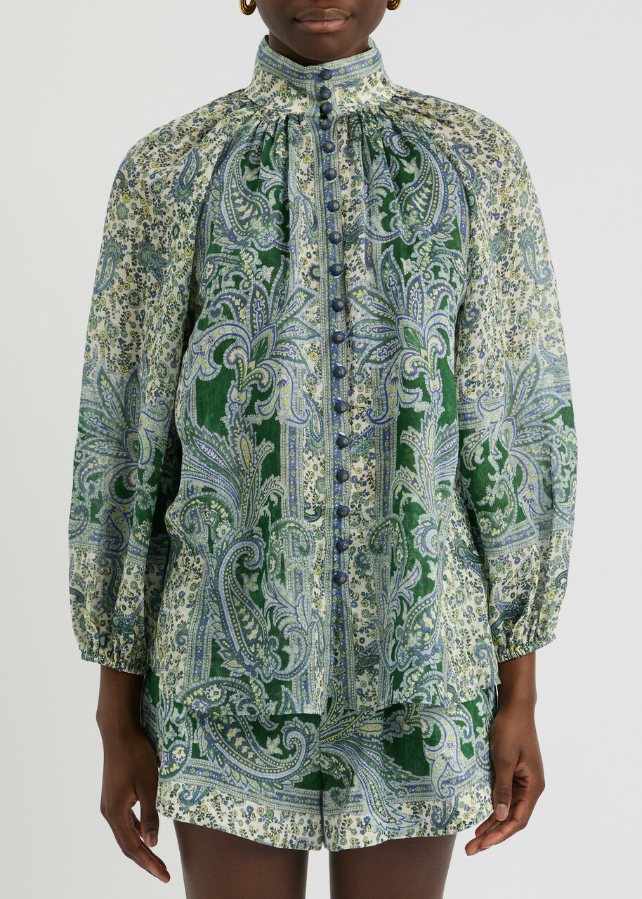 Tシャツ・カットソー ZIMMERMANN Printed Ramie Ascension Blouse ZIMMERMANN Ascension embellished shirred floral-print ramie
