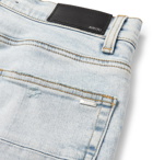 AMIRI - MX1 Skinny-Fit Leather-Panelled Distressed Stretch-Denim Jeans - Blue