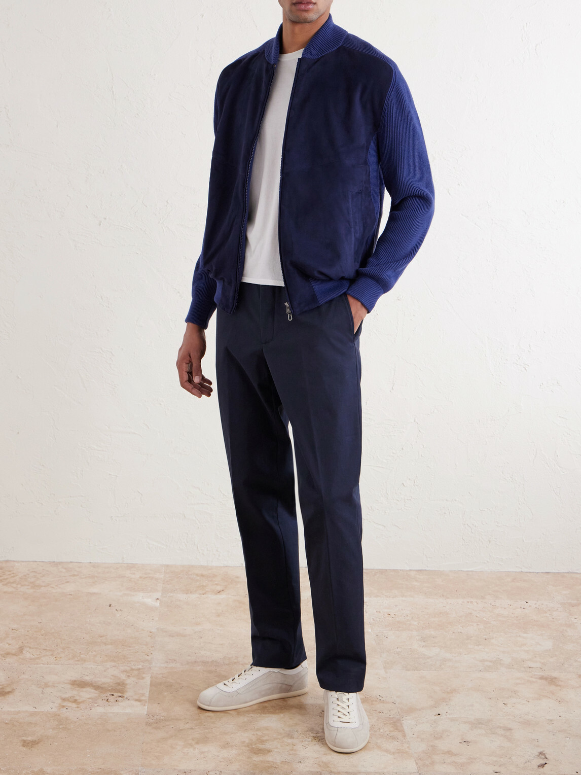 SEASE - Suede and Ribbed Cotton and Cashmere-Blend Bomber Jacket - Blue