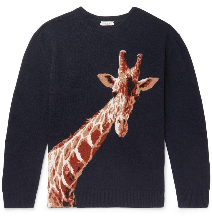 Photo: Valentino - Giraffe-Intarsia Merino Wool and Cashmere-Blend Sweater - Men - Navy
