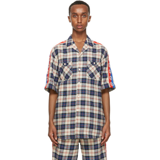 Photo: Gucci Blue and Red Check Web Bowling Short Sleeve Shirt