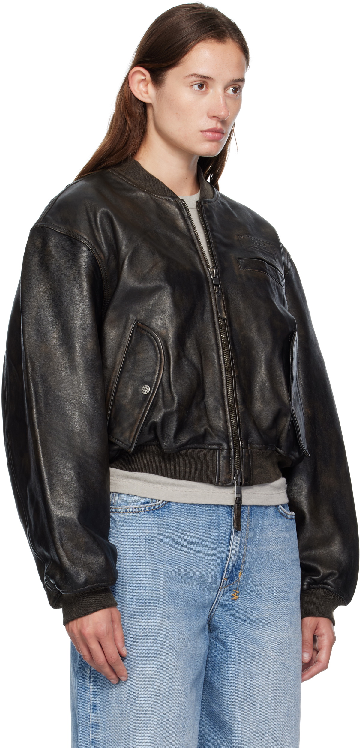 Ksubi Black Alpha Crop Leather Bomber Jacket