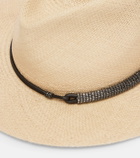 Brunello Cucinelli Monili leather-trimmed straw fedora hat