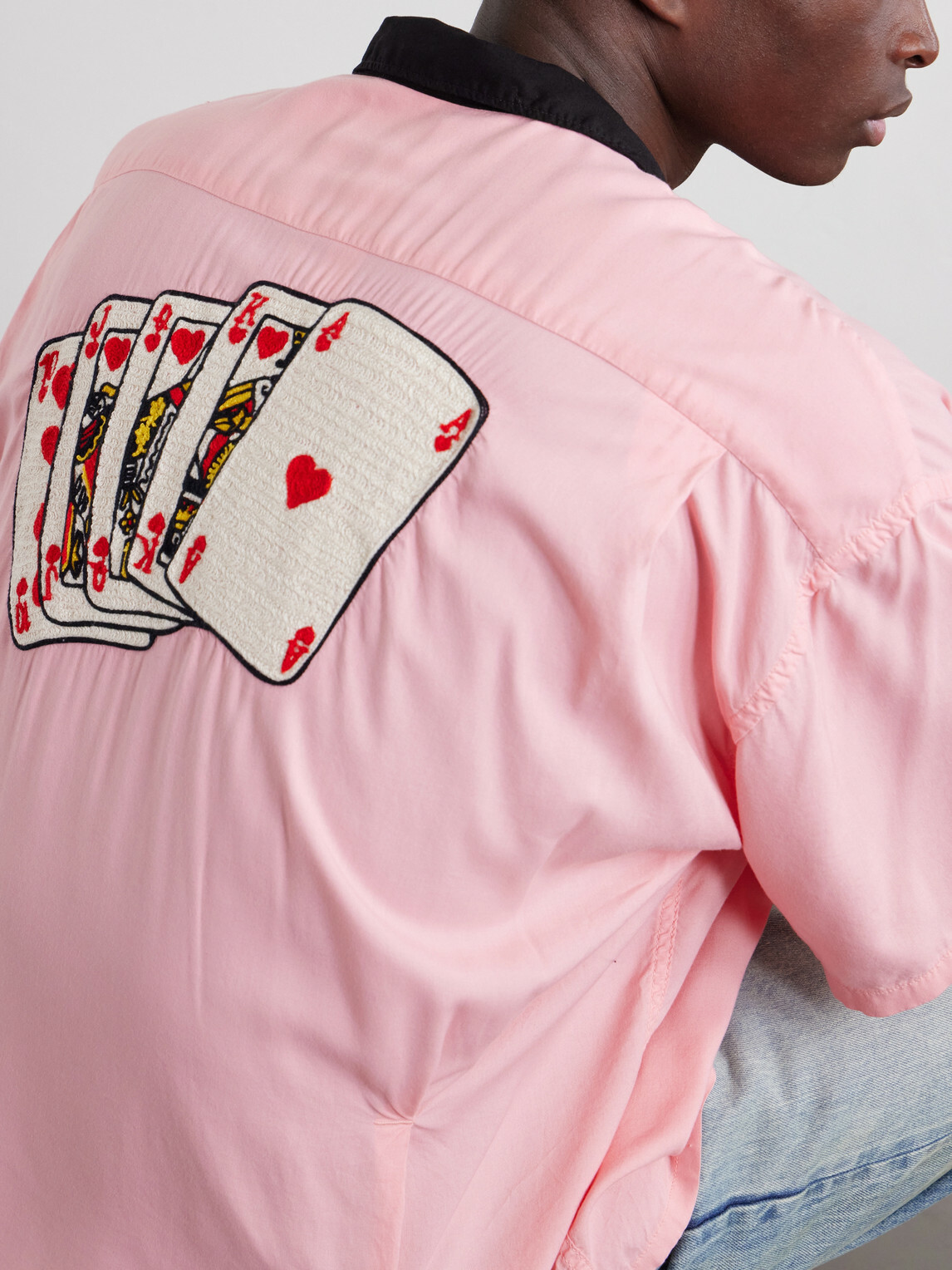 SAINT MXXXXXX - Deck of Cards Convertible-Collar Logo-Embroidered Satin Shirt - Pink