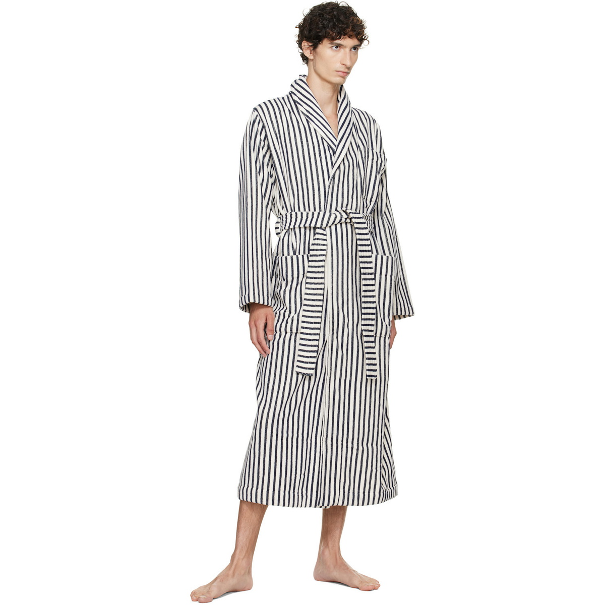 Tekla White & Navy Terry Classic Bathrobe