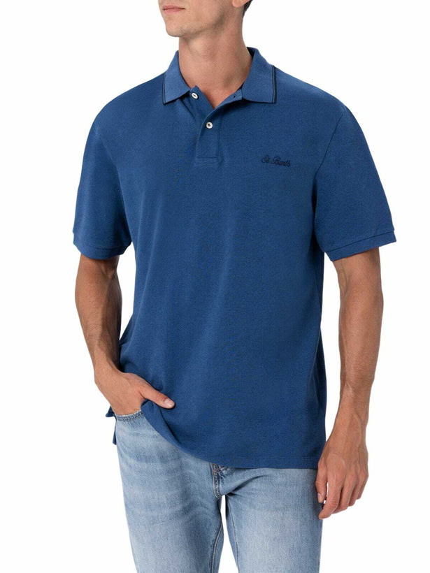 Photo: MC2 Saint Barth Man Denim Blue Cotton Piquet Polo Shirt Beverly Hills