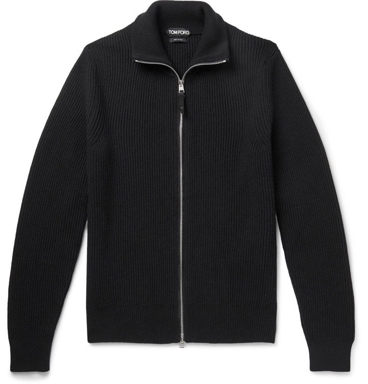 Photo: TOM FORD - Suede-Trimmed Ribbed Cashmere Cardigan - Black