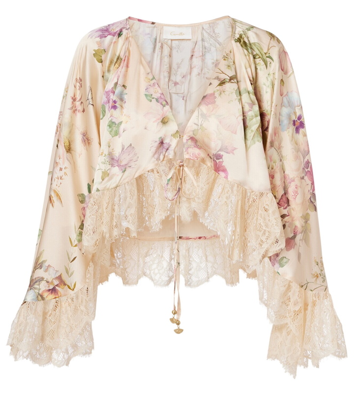 Photo: Camilla Lace-trimmed floral silk crop top