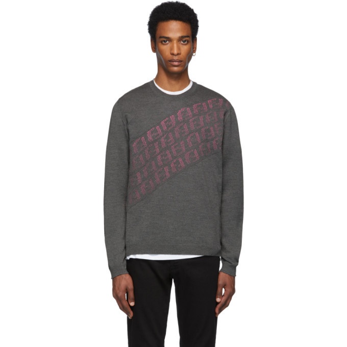 Photo: Fendi Grey and Pink Wool Forever Fendi Asymmetric Logo Sweater