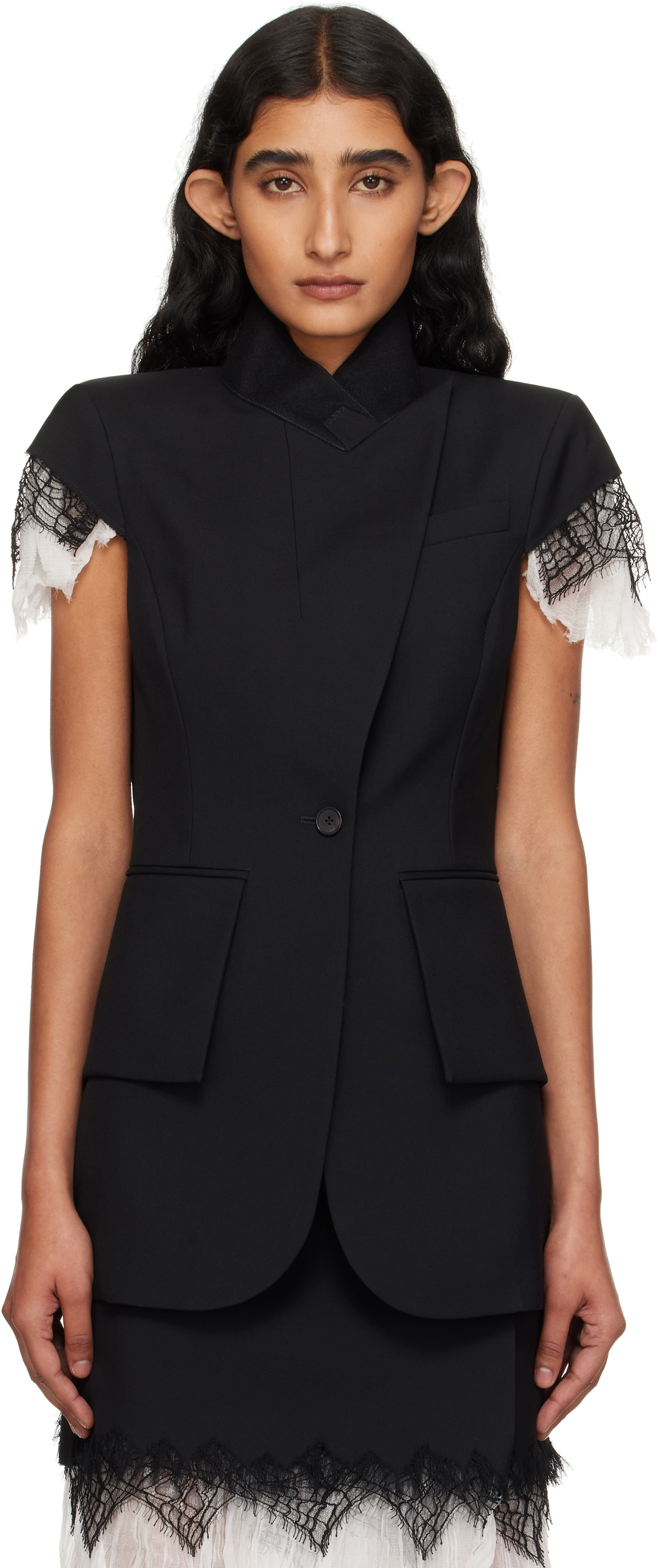 McQueen Black Cobweb Lace Sleeveless Blazer