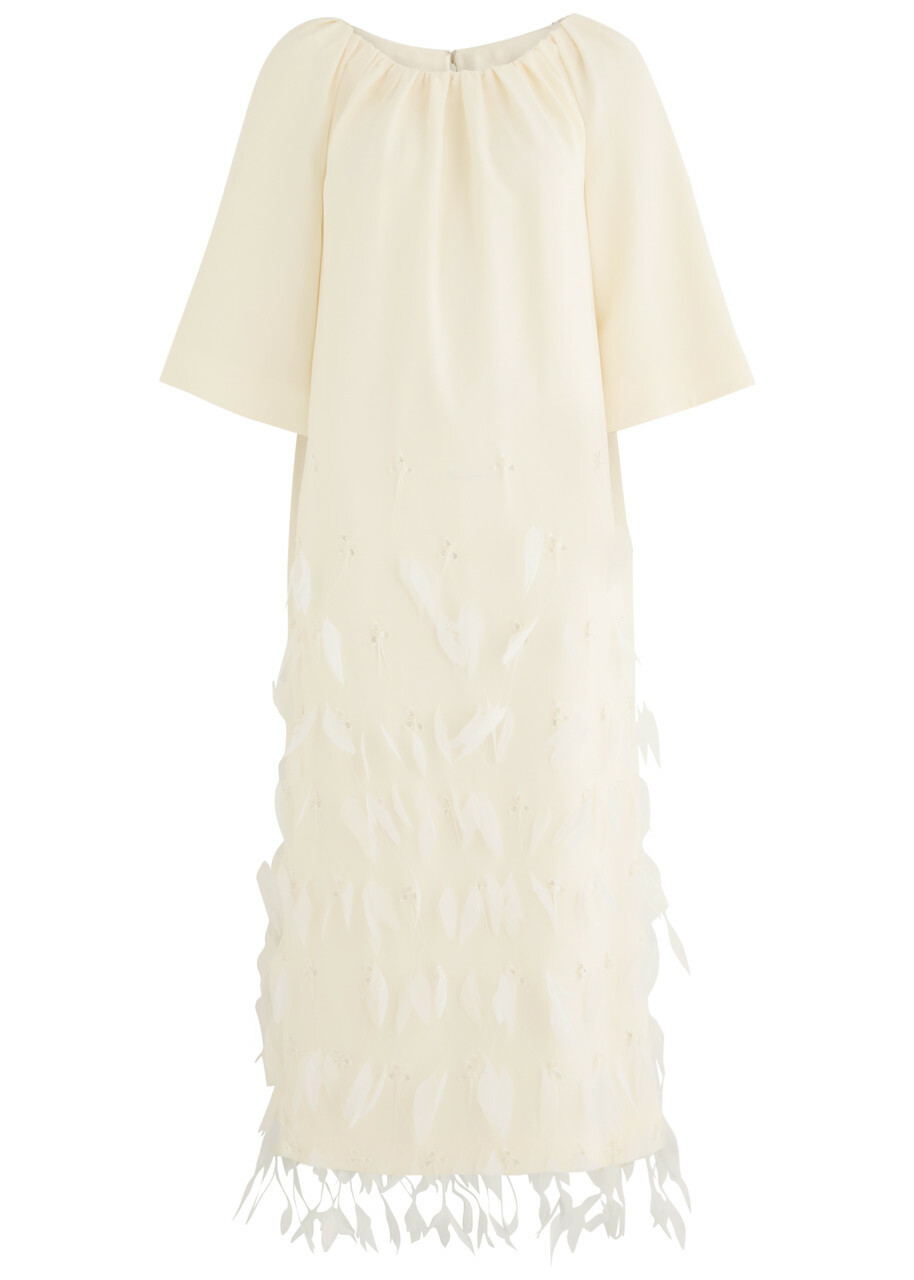 Huishan Zhang Kassia Feather-embellished Crepe Midi Dress White