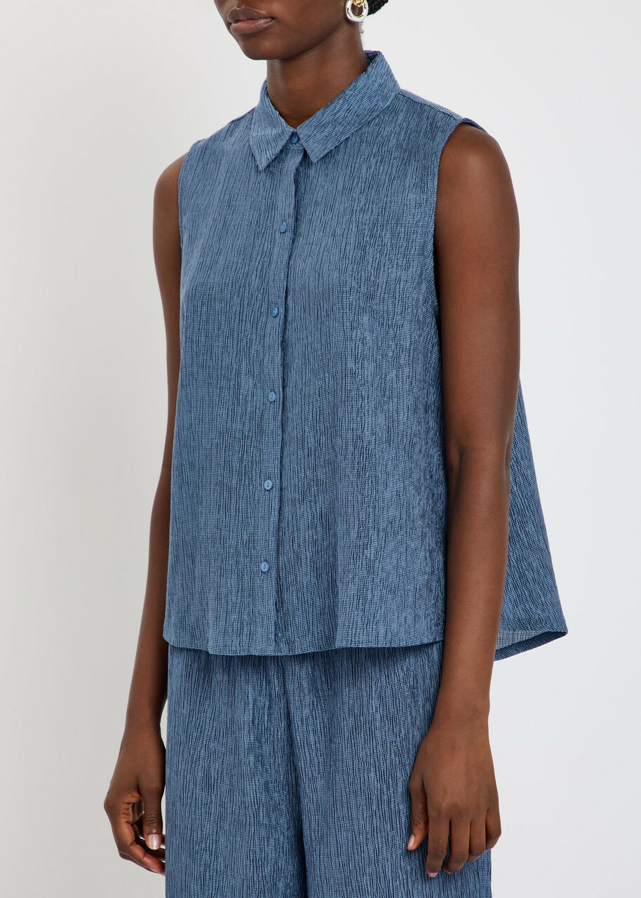 Eileen Fisher Crinkled Sleeveless Woven Shirt Blue