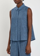 Eileen Fisher Crinkled Sleeveless Woven Shirt Blue
