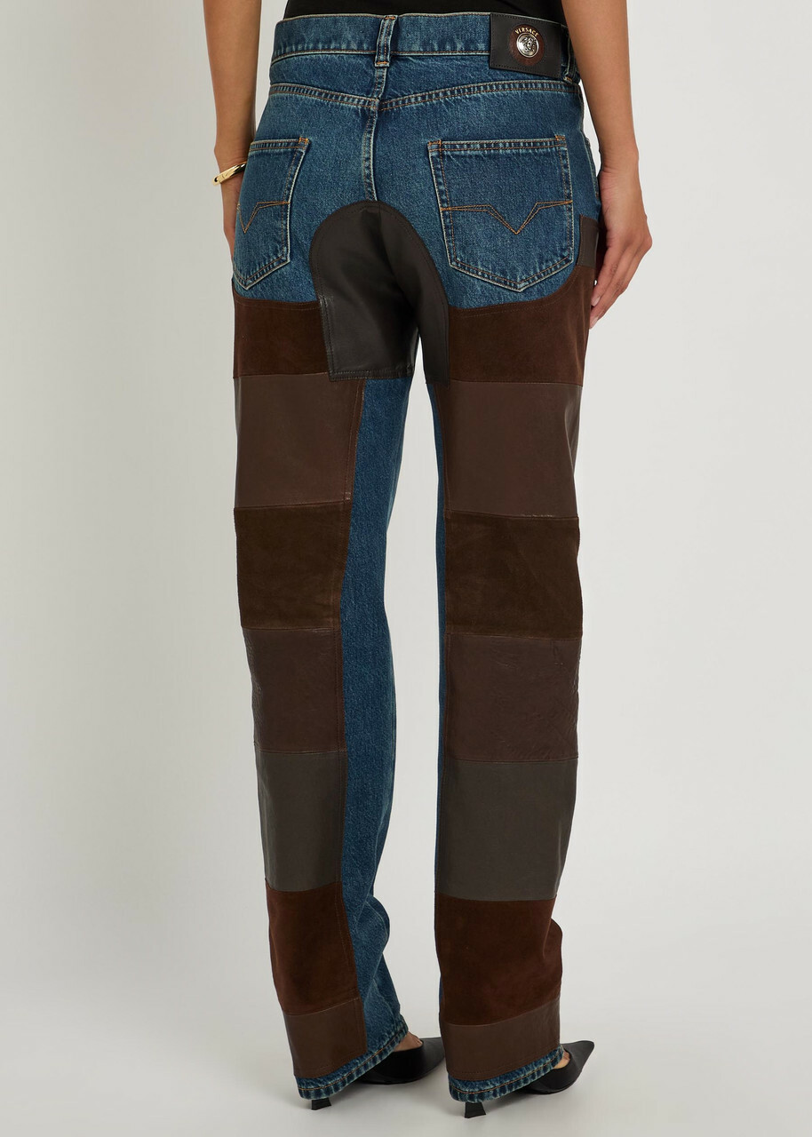 Versace Leather and Suede Patchwork Straight-leg Jeans Blue