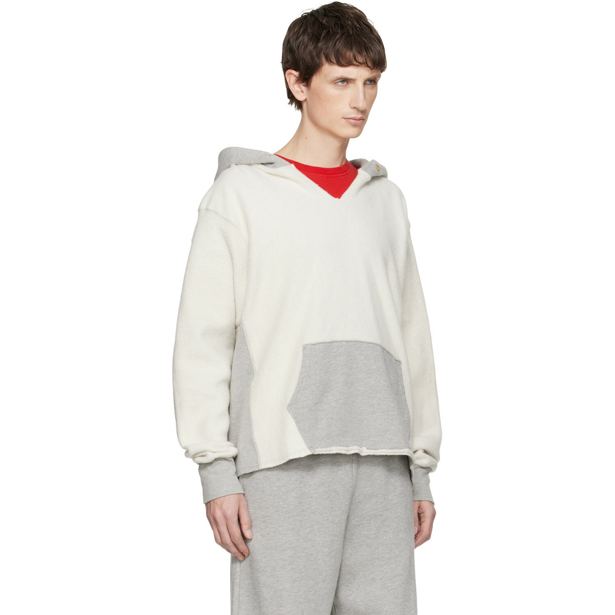 Les Tien White & Gray Heavyweight Inside Out Raw Cropped Hoodie