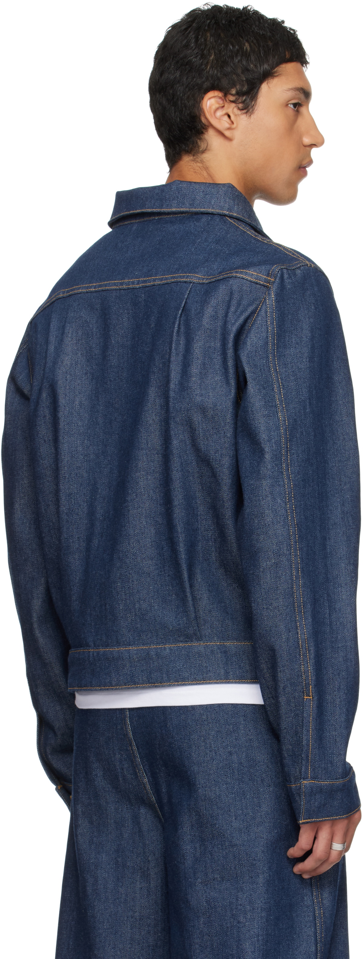 Reese Cooper Navy Concealed Button Denim Trucker Jacket