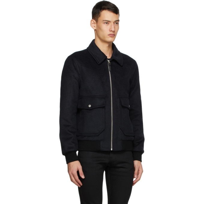 Mackage Navy Wool and Shearling Theo Bomber Jacket Mackage