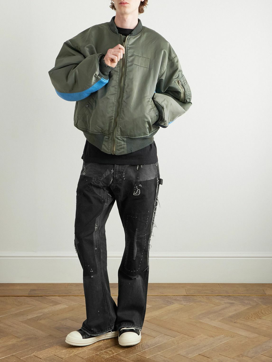 SAINT MXXXXXX - Distressed Padded Jacquard-Panelled Nylon Bomber Jacket - Green