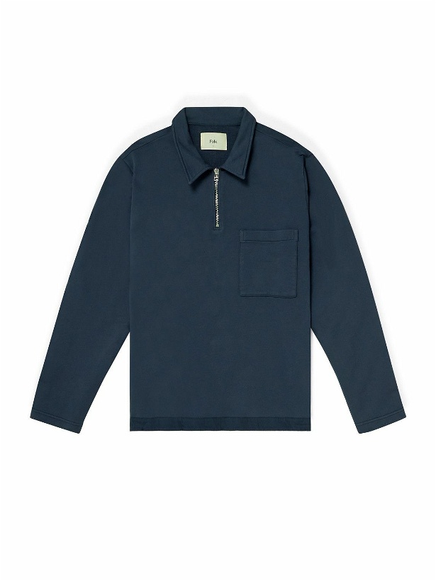Photo: Folk - Signal Poplin-Trimmed Cotton-Jersey Half-Zip Sweatshirt - Blue