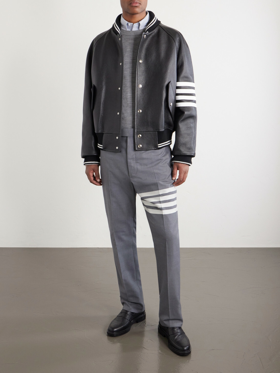 Thom Browne - Oversized Striped Leather Bomber Jacket - Black