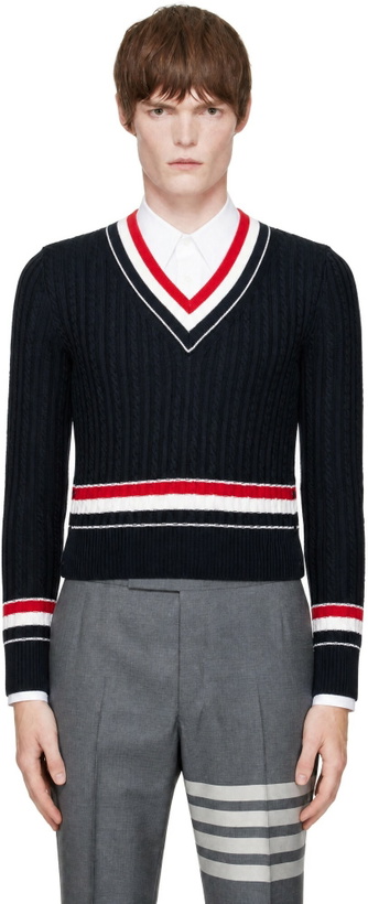 Photo: Thom Browne Navy RWB Stripe Cricket Sweater