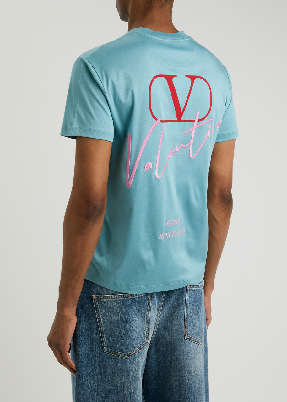 VALENTINO コットン ロゴ Tシャツ ブルー Valentino Logo-embroidered Cotton T-shirt Blue Valentino