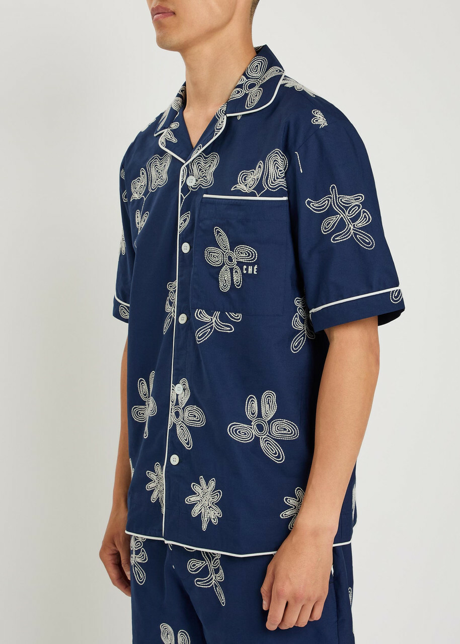 Che Floral-embroidered Cotton-poplin Shirt Navy