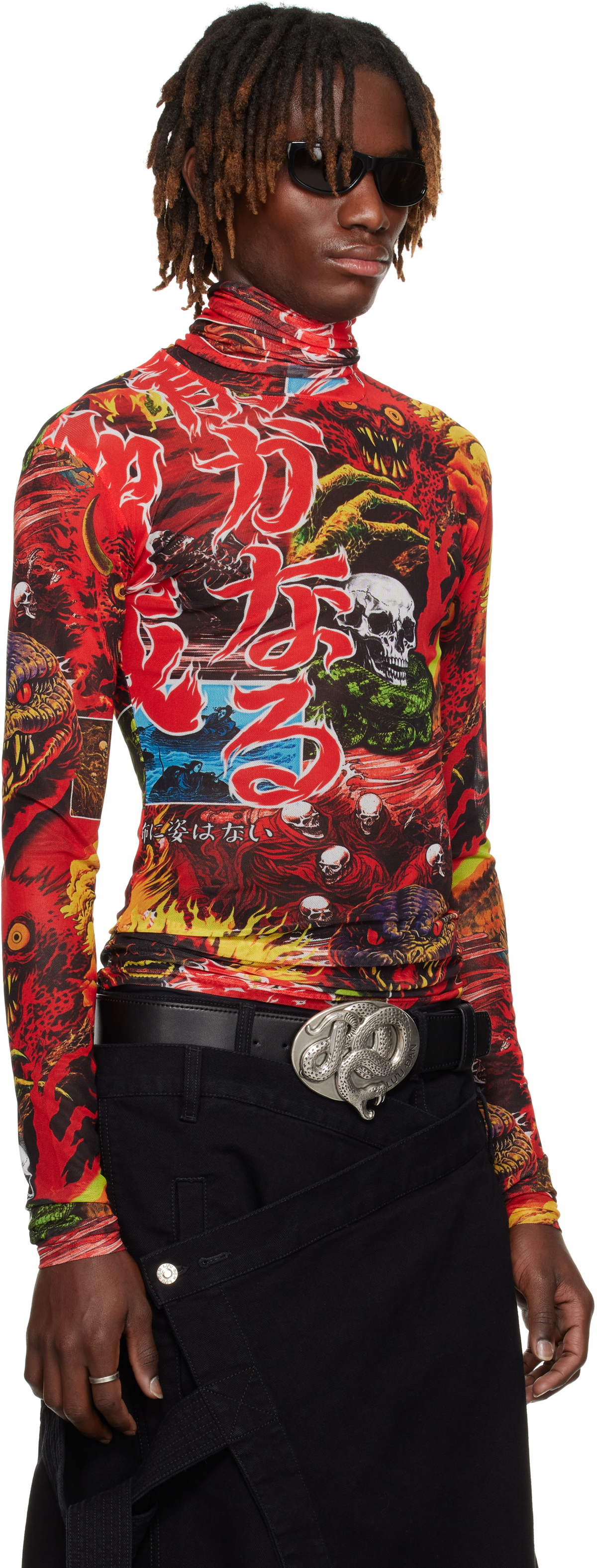 LU'U DAN Red Masked Mesh Turtleneck