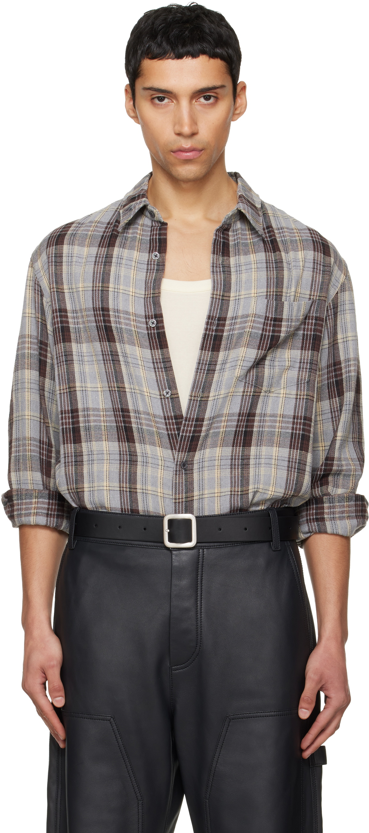 TONYWACK Gray Washed Cotton Blend Check Shirt