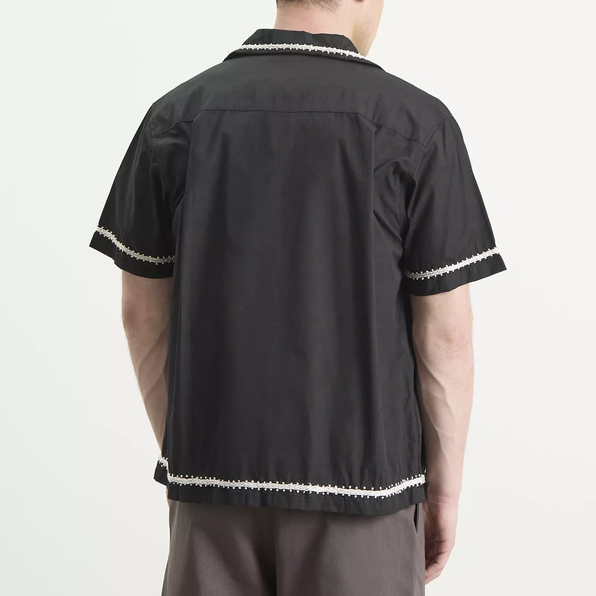 NOMARHYTHM TEXTILE Men's Trim Embroidery Open Collar Shirt in Black