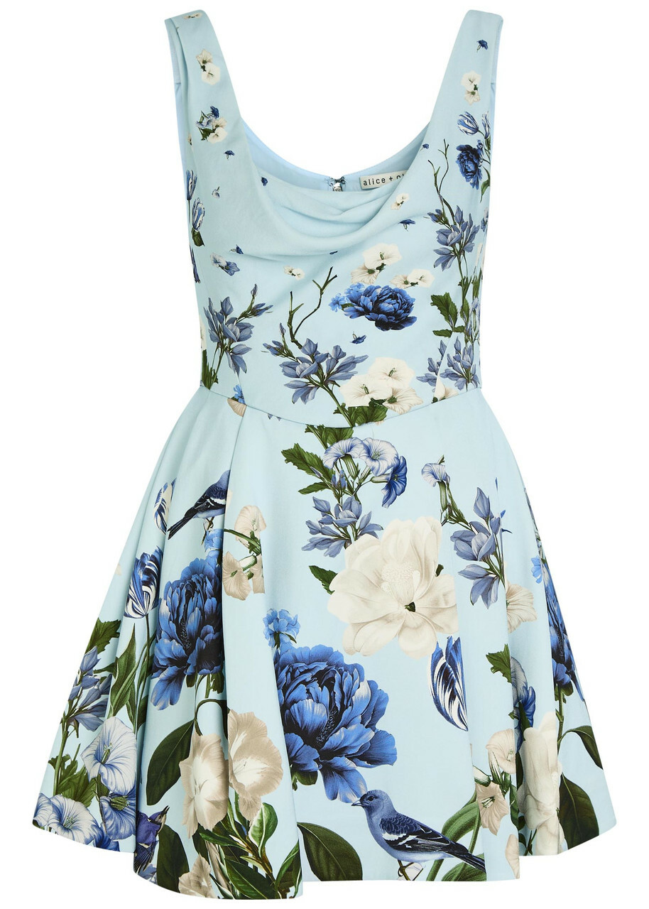 Alice + Olivia Estrella Floral-print Crepe Mini Dress Blue