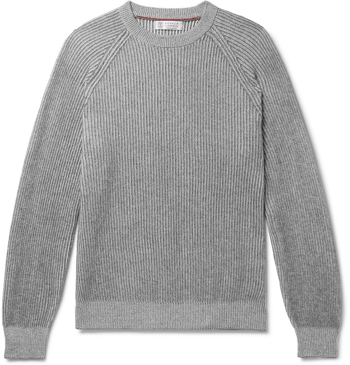 Photo: Brunello Cucinelli - Striped Ribbed Cashmere Sweater - Gray